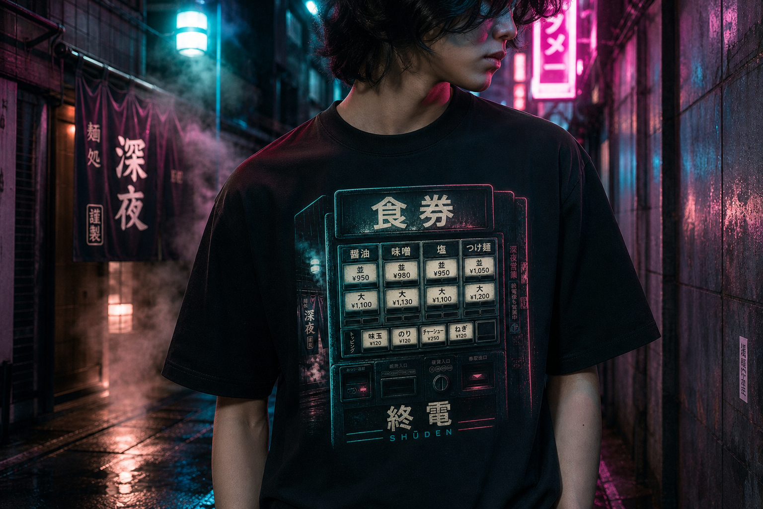 SHUDEN tee in a neon Tokyo alley