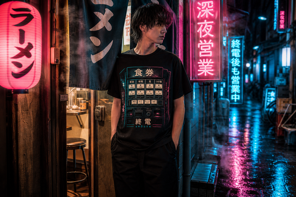 SHUDEN tee at a late-night ramen doorway